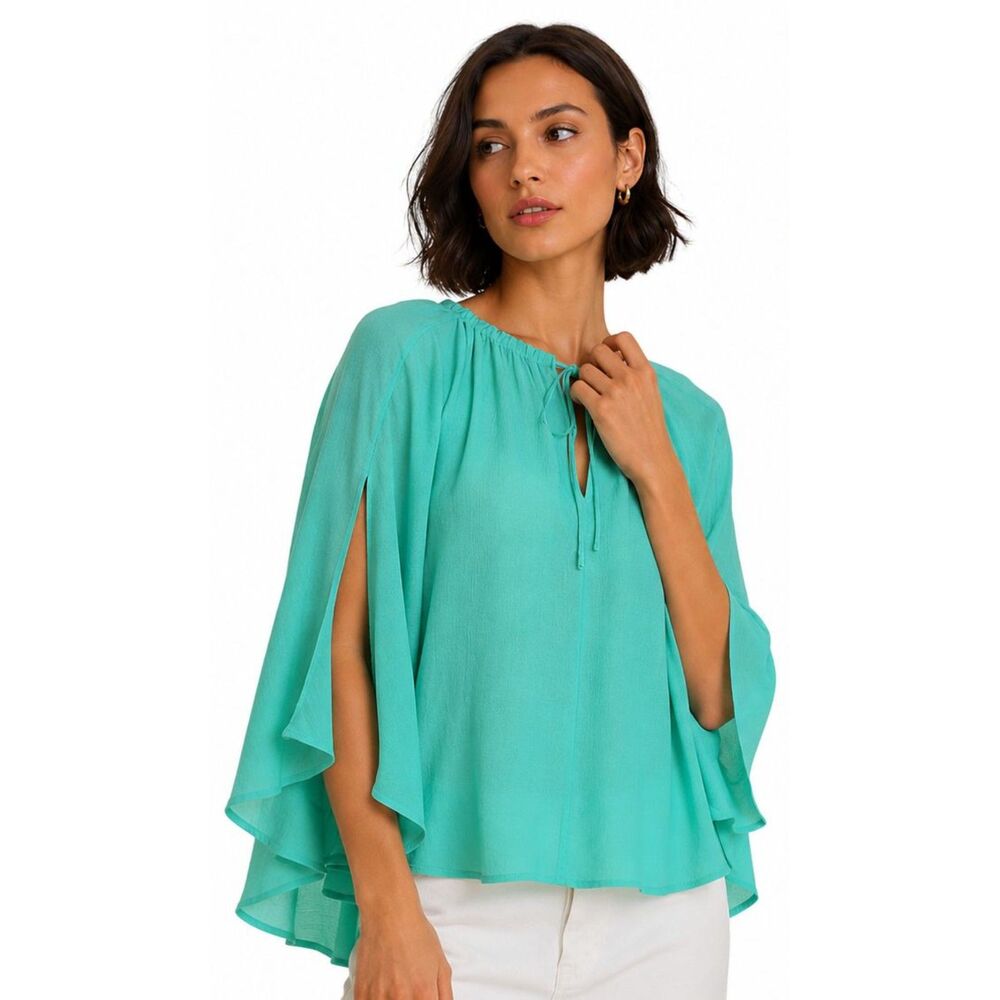 New Umgee S 4 6 8 Aqua Semi-Sheer Textured Flowy Elegant Tie Front Cape Top